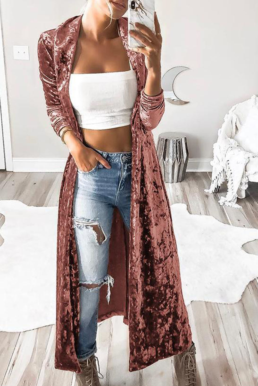 Lapel Open Front Duster Velvet Cardigan