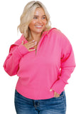 Solid Ribbed Trim Plus Size Zip Collar Sweater