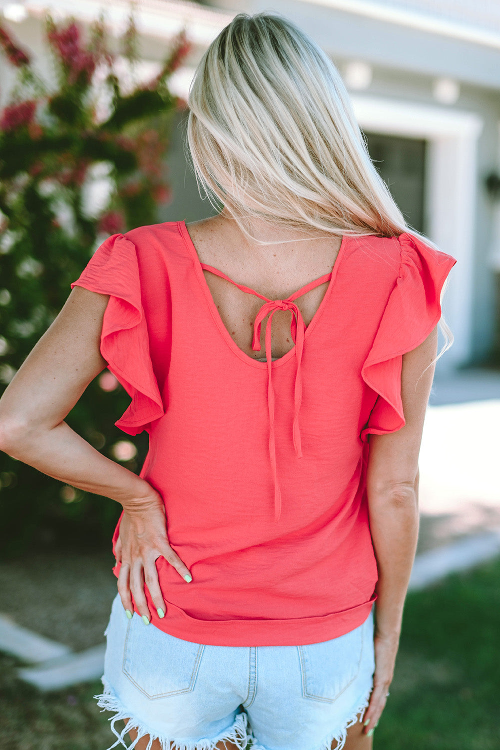 V Neck Ruffle Sleeve Loose Top