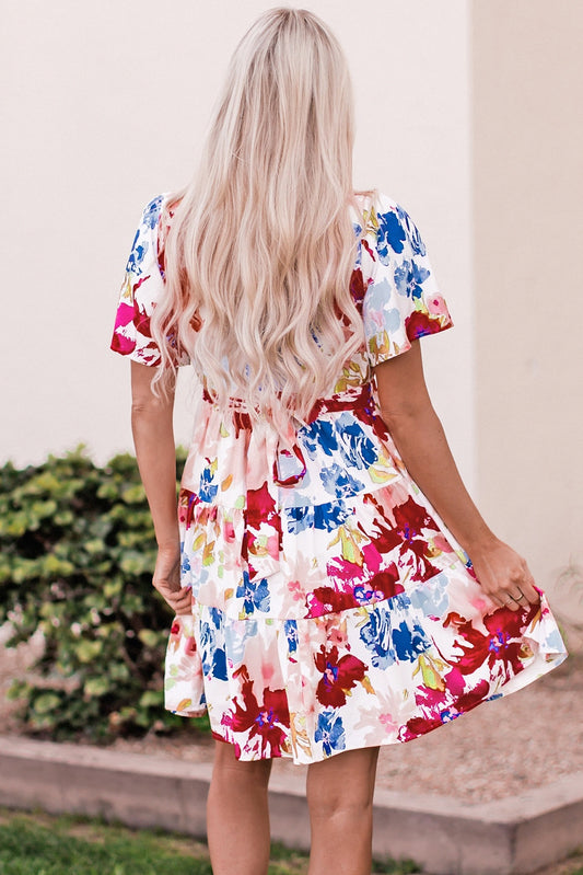 Sweet Floral Wrap V Neck Skater Dress