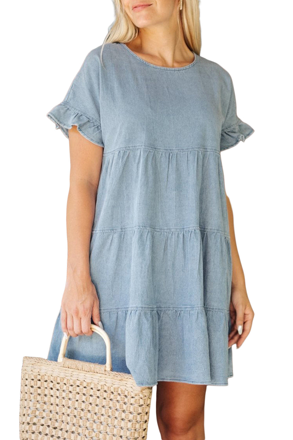 Ruffled Short Sleeves Tiered Denim Dress