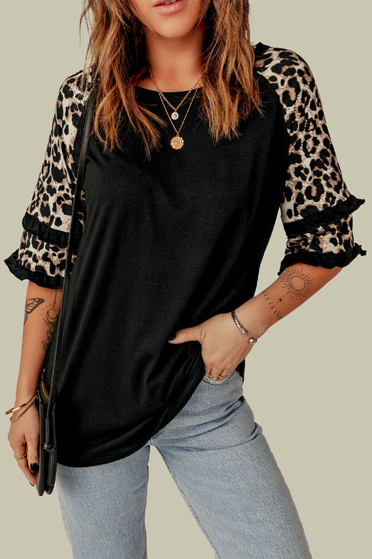 Ruffled Leopard Sleeve Patchwork Top