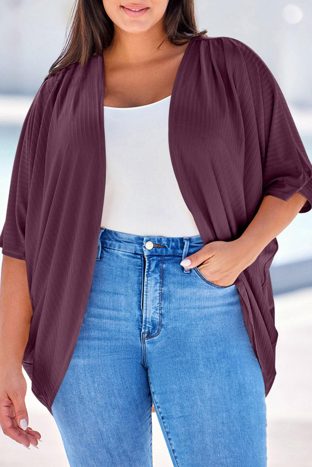 Apricot Shimmer Ribbed Texture Plus Size Cardigan