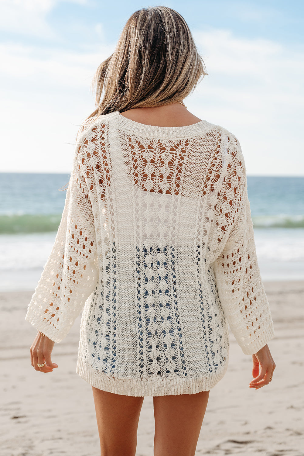 White Hollow Out Knit Bracelet Sleeve Drop Shoulder Sweater