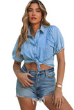 Short Bubble Sleeve Snap Button Denim Shirt