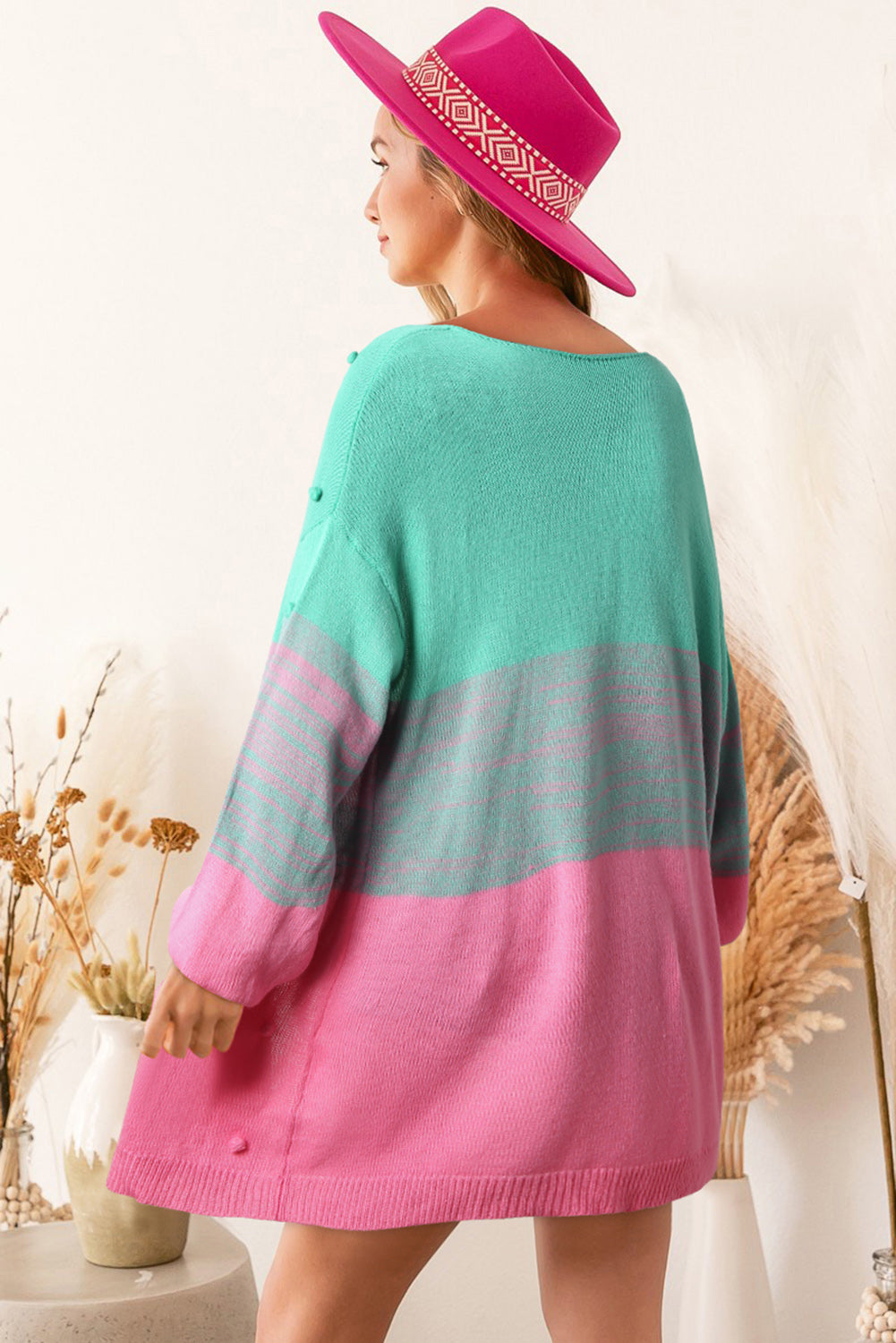 Pompom Color Block Open Front Cardigan