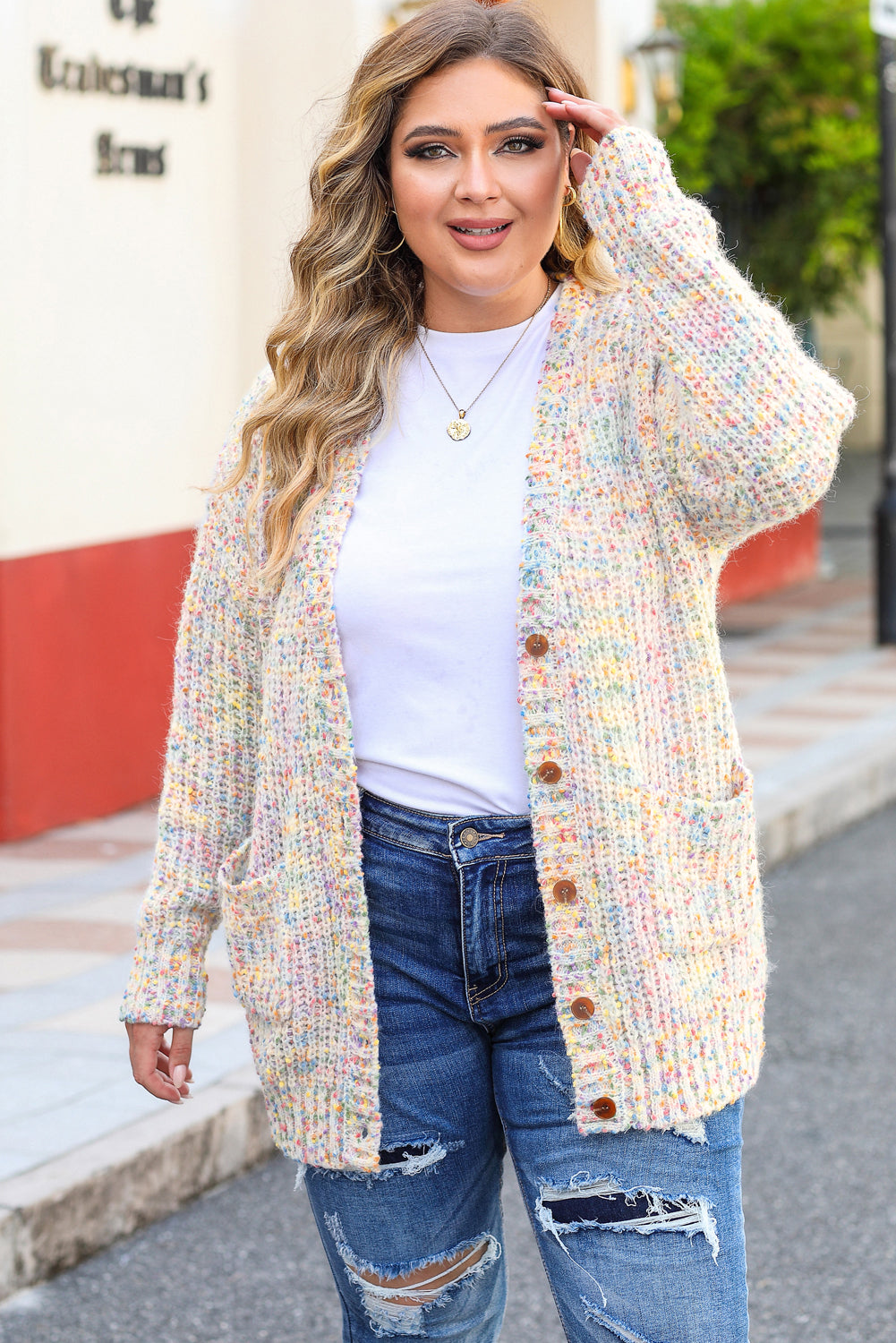 Cardigan Multicolore en Fils Mélangés Grande Taille Abricot