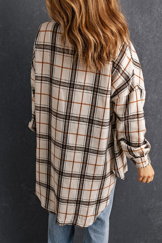 White Oversized Plaid Pattern Shacket with Slits