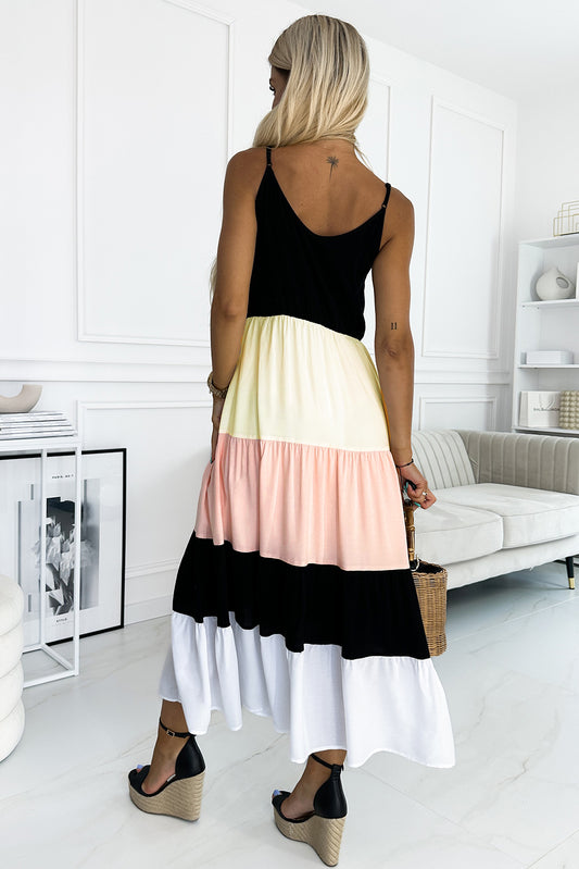 Color Block Sleeveless V Neck Long Dress