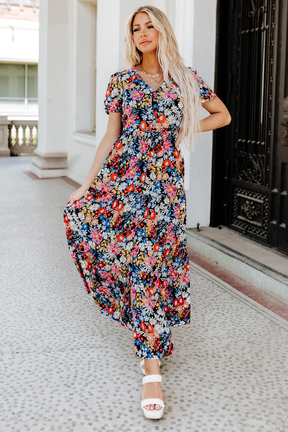 Short Sleeve Boho Floral Pattern Tiered Maxi Dress