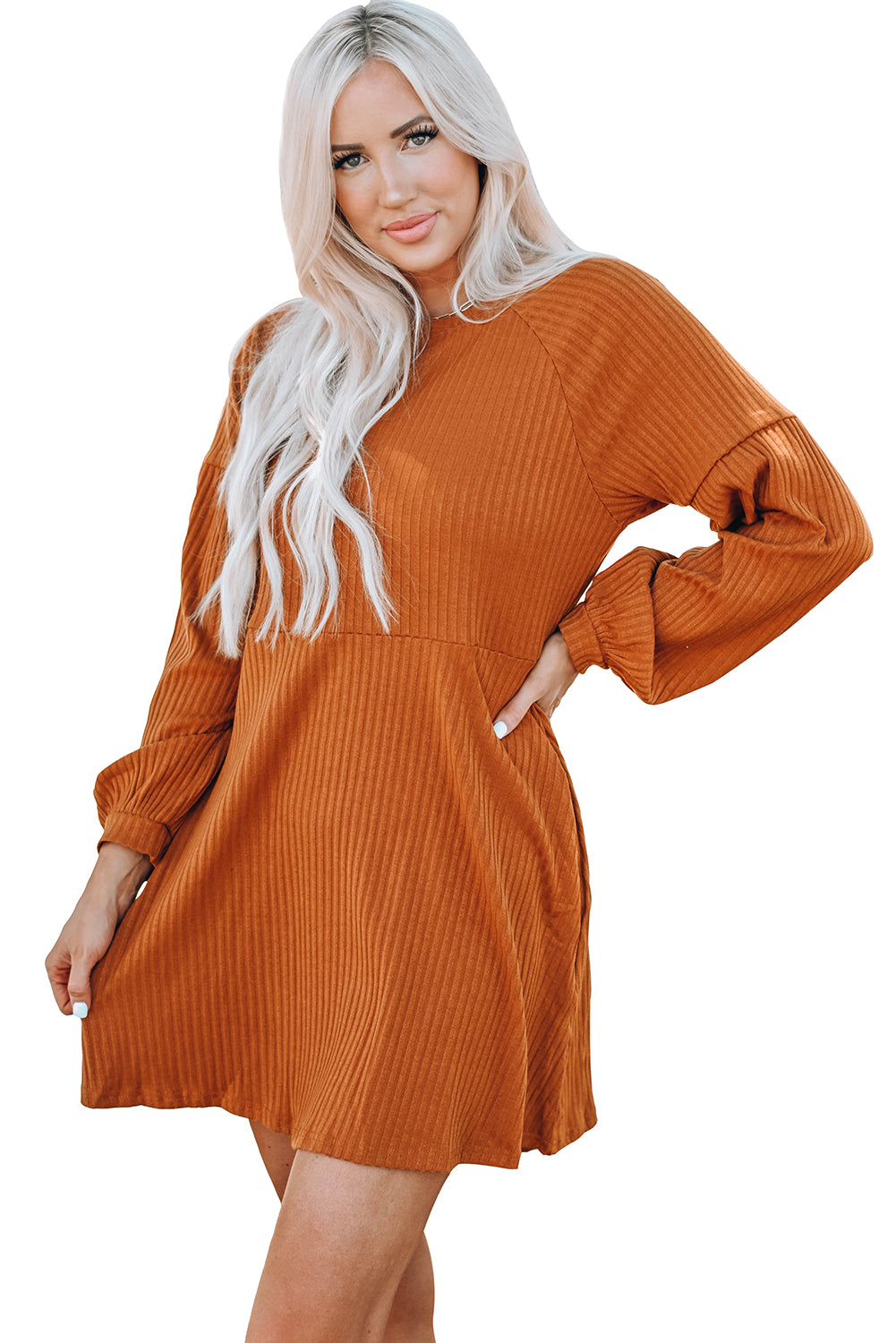 Round Neck Empire Waist Ribbed Knit Dress