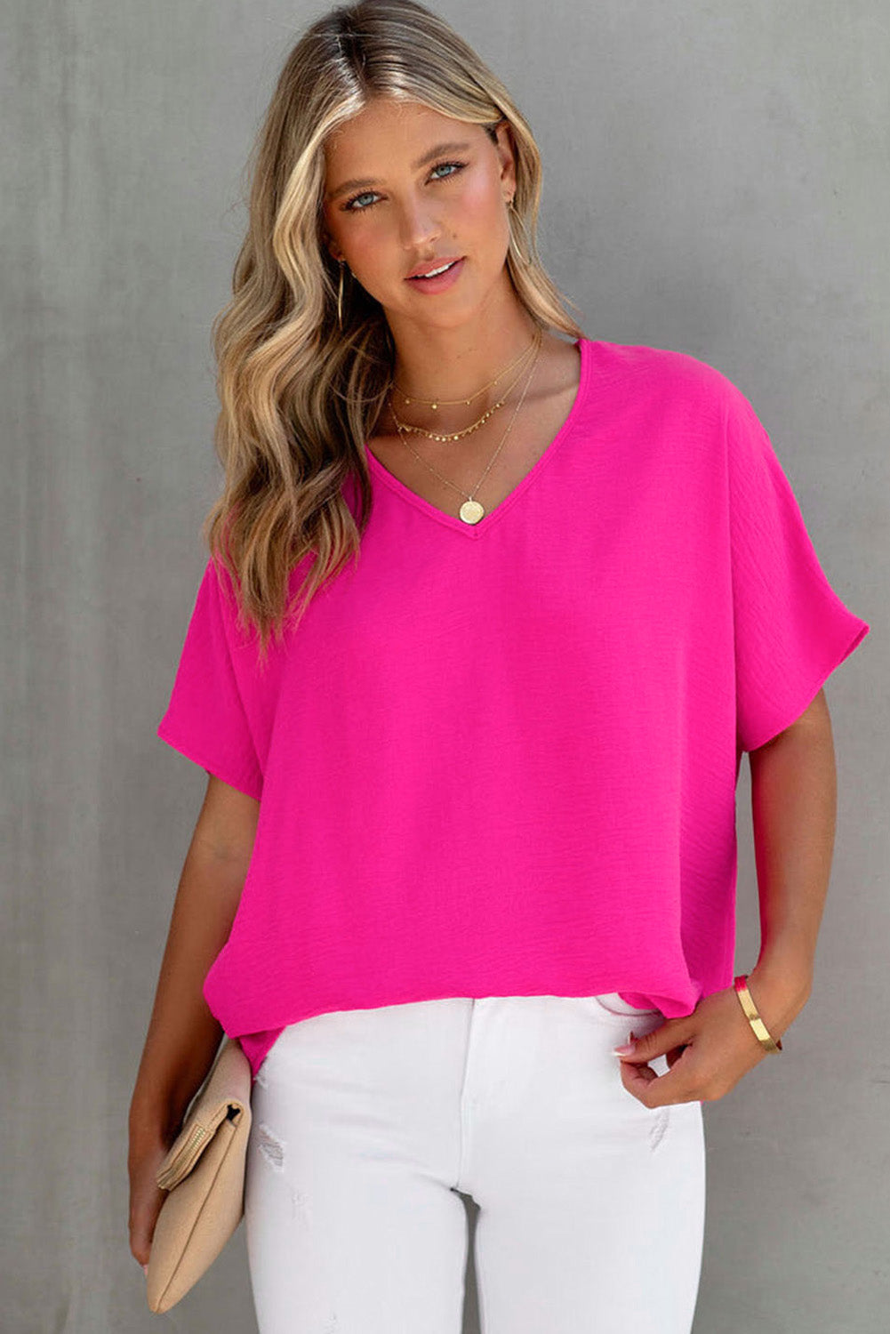 Solid V Neck Short Sleeve Blouse