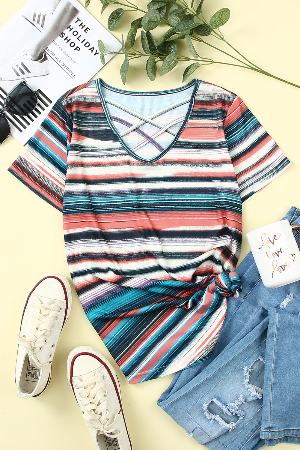 Striped Crisscross Neck Short Sleeve Top