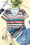 Striped Crisscross Neck Short Sleeve Top