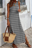 Khaki Stripe Print Open Back Sleeveless Maxi Dress with Slits