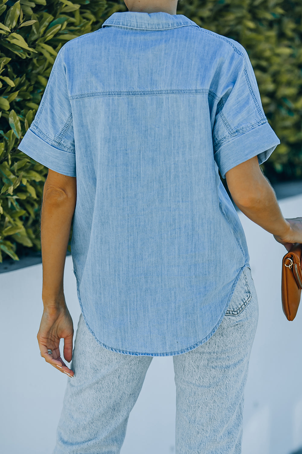 Turn-down Collar Short Sleeve Denim Shirt