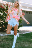 Pink Floral Print Tiered Ruffled Long Sleeve Blouse