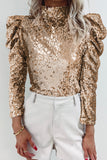 Apricot Sequin Mock Neck Bubble Sleeve Top