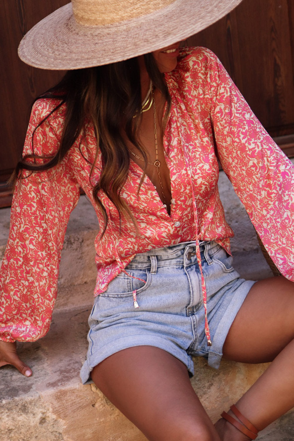 Pink Bubble Sleeve Floral Shirt with Lace up