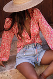 Pink Bubble Sleeve Floral Shirt with Lace up