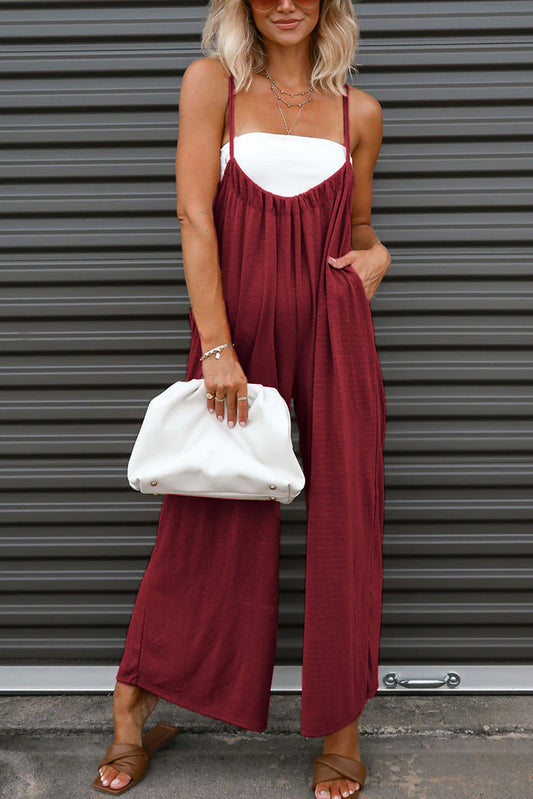 Solid Spaghetti Strap Wide Leg Overall