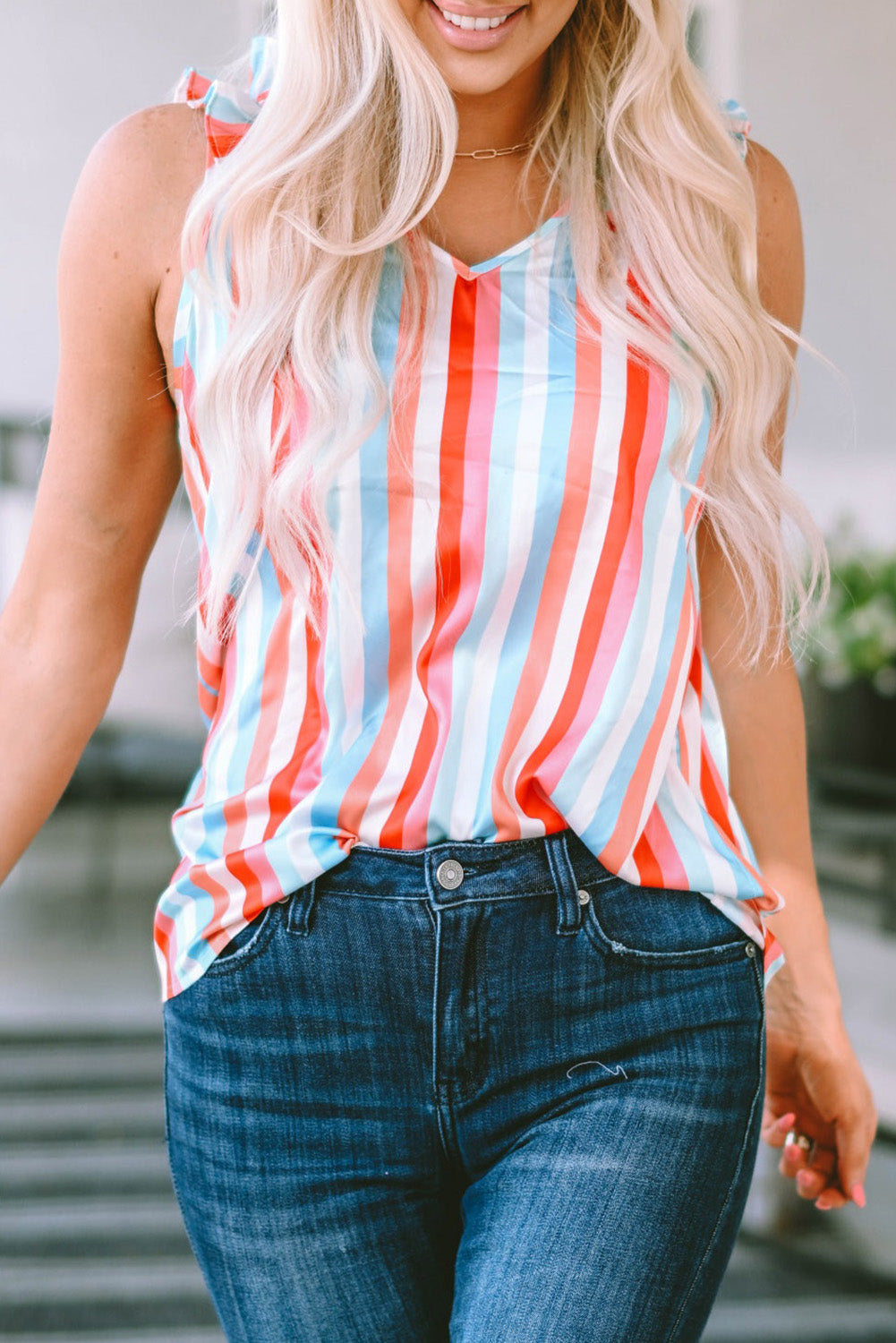 Striped V Neck Ruffle Straps Tank Top