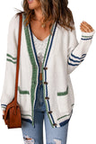 Striped Buttoned Pocketed Drop Shoulder Sweater