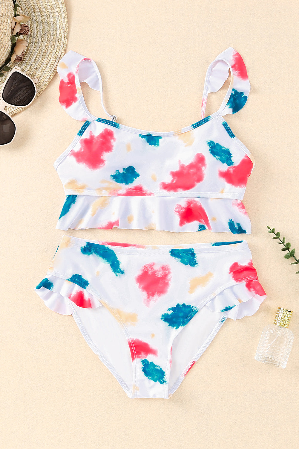 Tie Dye Scoop Neck Ruffle Trim Two Piece Swimsuit