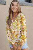 Green Floral Print V Neck Long Puff Sleeve Top