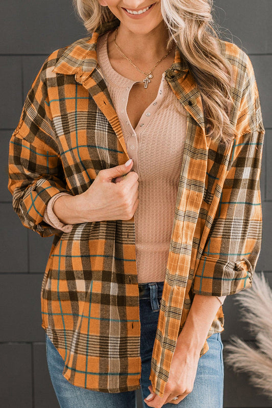 Drop Shoulder Rounded Hem Plaid Pattern Shirt