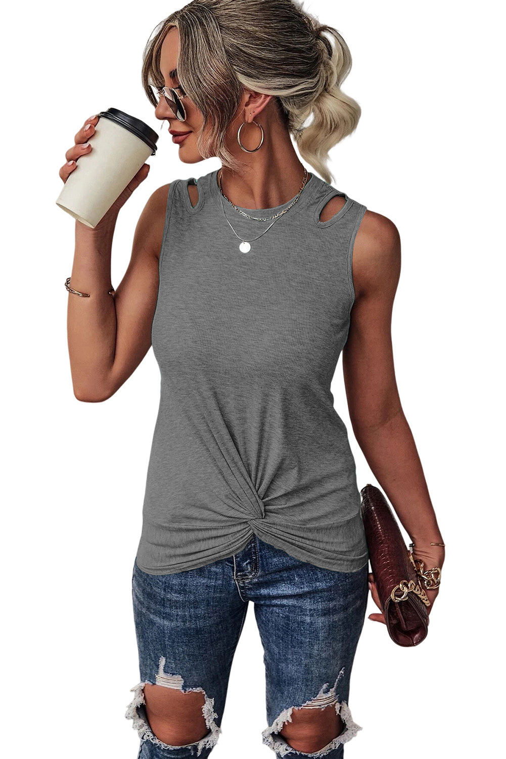 Khaki Rib Knit Cut-out Front Twist Tank Top