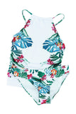 Leaf & Flower Print Ruched Tankini Set