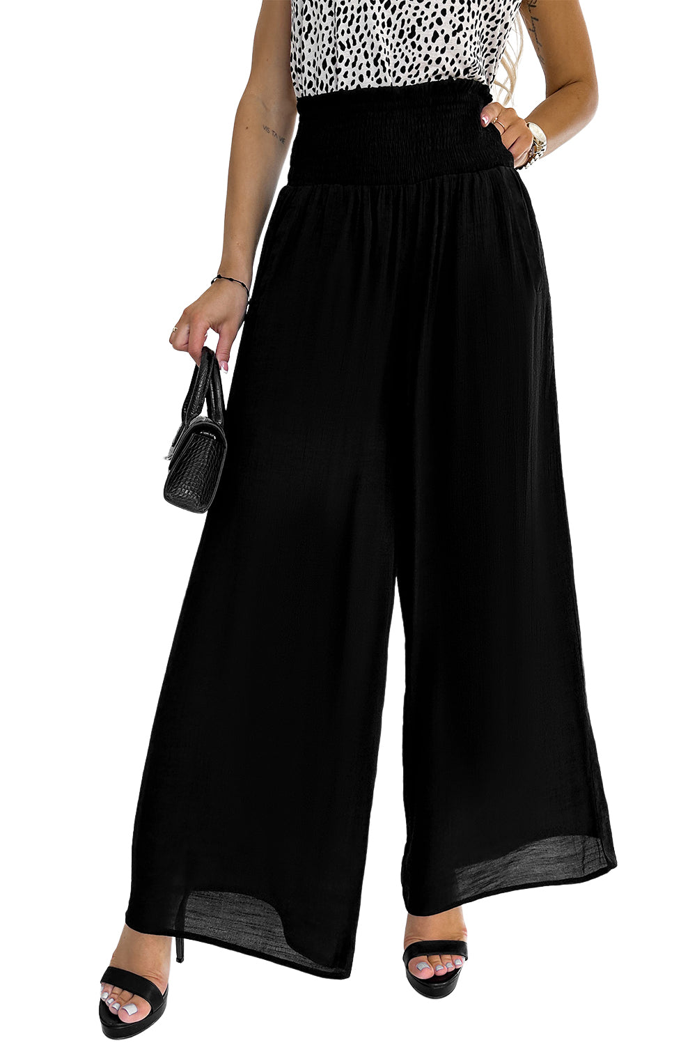 Frill Smocked High Waist Flowy Wide Leg Pants