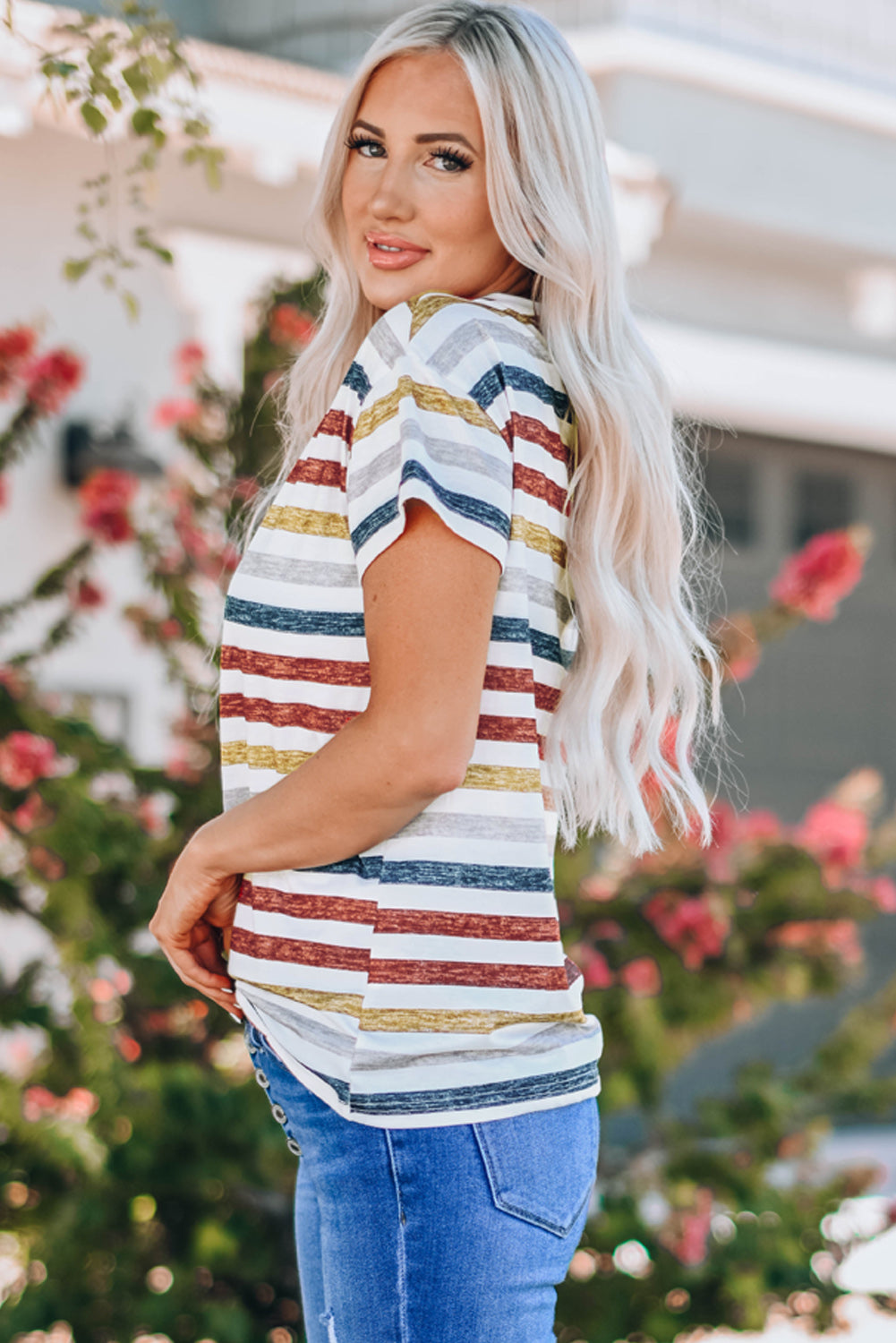 Multicolor Stripes V Neck T-shirt