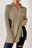 Ribbed Knit V Neck Collared Split Hem Tunic