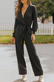 V Neck Wrap Waist Tie Long Sleeve Jumpsuit