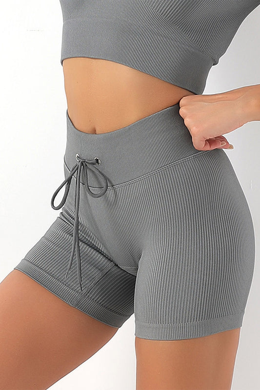 Solid Color Ribbed Drawstring Waist Yoga Shorts