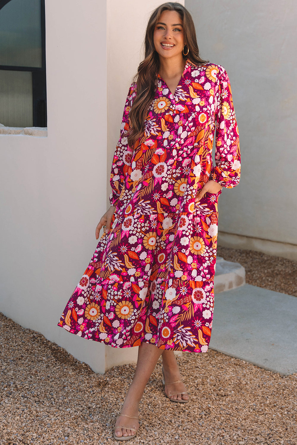 Blue Petal Collared Tiered Flowy Long Dress