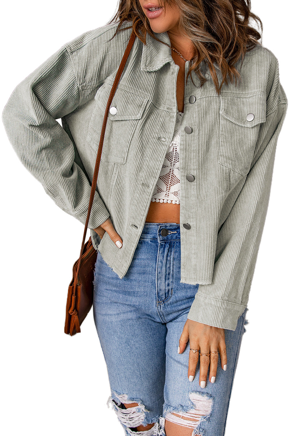 Raw Hem Flap Pockets Cropped Corduroy Jacket