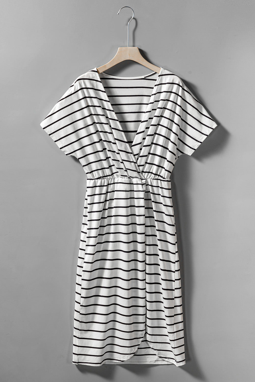 Stripe Wrapped V Neck Short Sleeve Split Dress