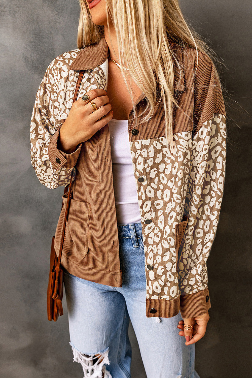 Brown Leopard Print Corduroy Long Sleeve Jacket