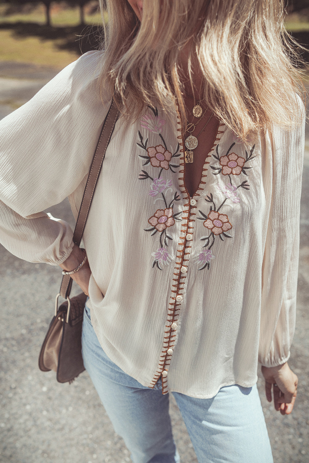 Beige Floral Embroidered Textured Puff Sleeve Loose Shirt