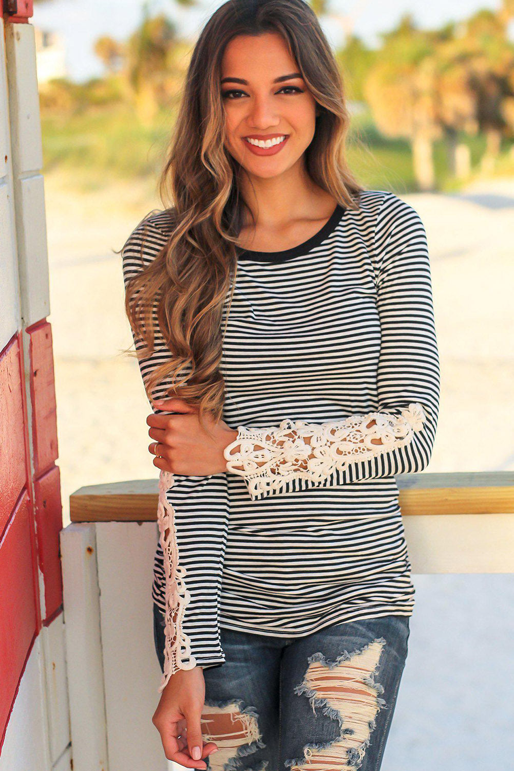 Stripe Lace Crochet Long Sleeve Top