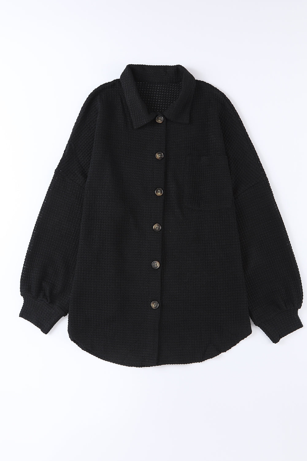 Black Waffle Knit Button Up Casual Shirt