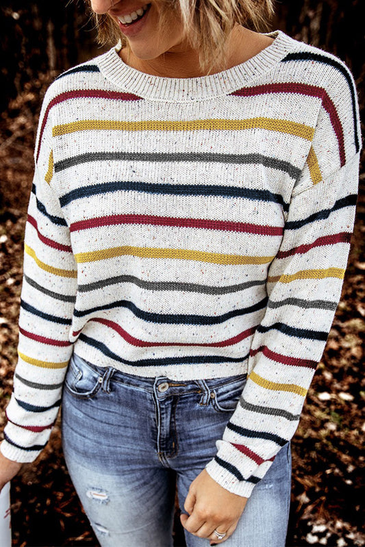 Striped Drop Sleeve Crew Neck Knit Sweater