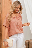 Notched V Neck Buttoned Front Textured Loose Top