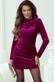 Pitaya Pink Velvet Mock Neck Ruched Long Sleeve Bodycon Dress