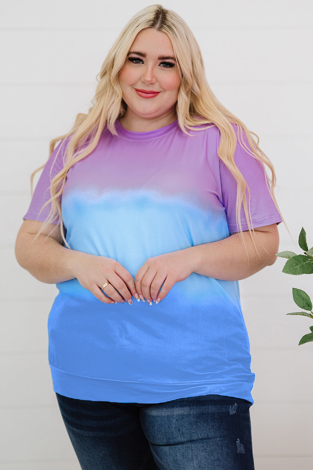 T-shirt violet à col ras du cou et tie-dye color block grande taille