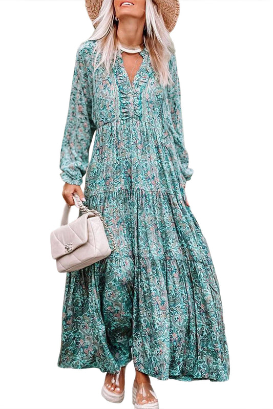 Bohemian Paisley Print Long Sleeve Tiered Maxi Dress