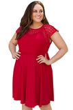 Red Plus Size Lace Yoke Splice Fit-and-flare Curvy Dress